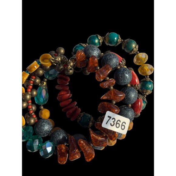 Colorful Multicolor Beaded Elastic Bracelet Set With Turquoise Red Amber & Yello - Picture 9 of 13